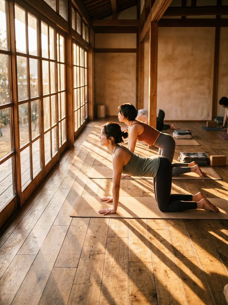 朝ヨガクラスの様子 — 早朝の黄金色の光が差し込むスタジオで行われるヨガ